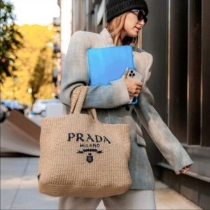 PRADA Raffia Straw Woven Tote Bag